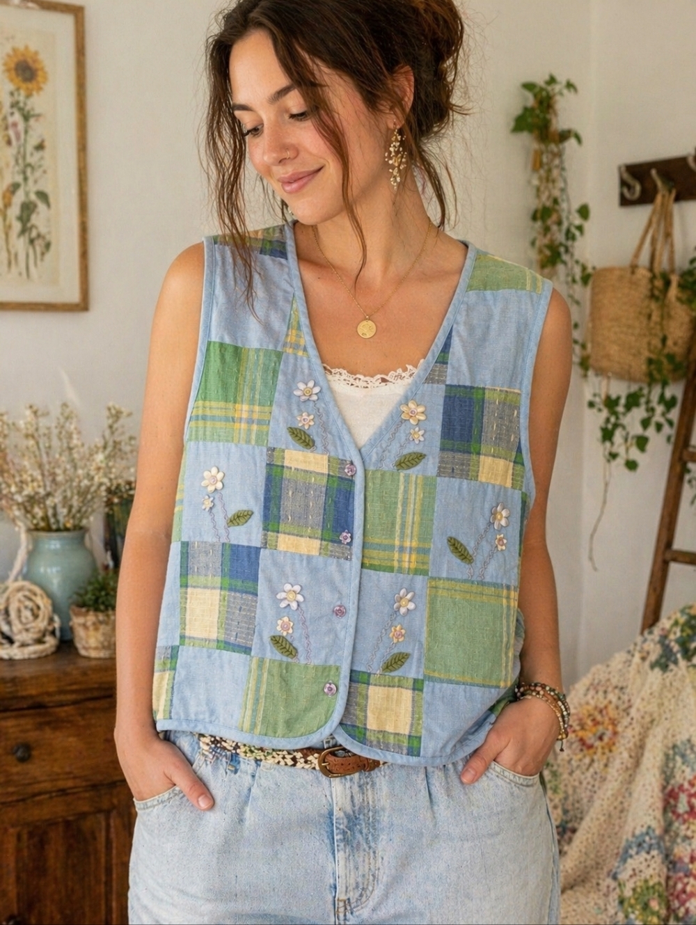 TanTrums Patchwork Embroidered Vest Boho Cottagecore Floral PXL